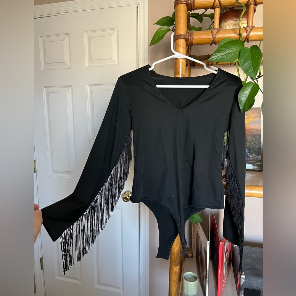 Amazon long sleeve body suit with fringe, size large